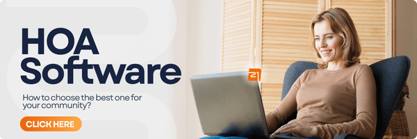 A woman with a computer searching about an HOA App. 