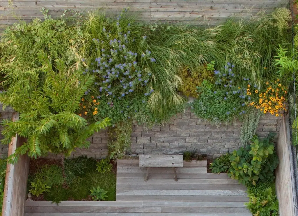 Condo Landscaping: 3 Smart Ideas and Best Practices 4 a courtyard seen from above with hanging plants and a bench
