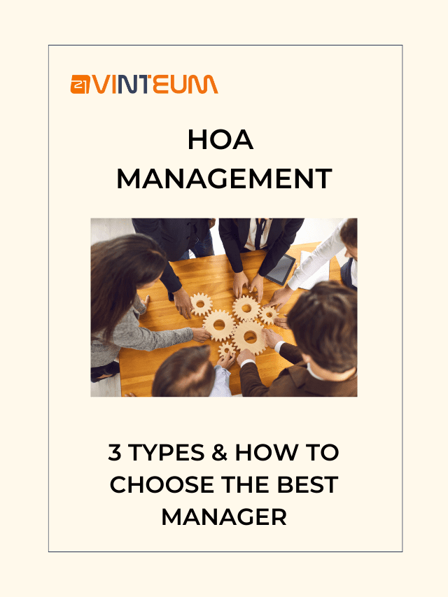 web story cover with vinteum logo and the words HOA management: 3 types and how to choose a manager with a picture of 6 people arranging cogs on a table