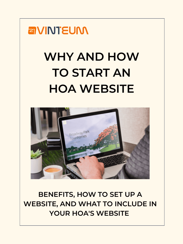 HOA website web story - image with vinteum logo, the text what and how to start an hoa website: benefits, how how to set up a website and what to include in your website