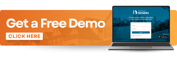 A banner with the writing ''Get Free Demo'' and ''Click Here''. A computer on the far right with a Neigbrs by Vinteum resident portal on the screen. 