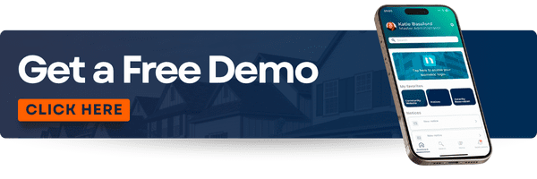 A banner with the writing ''Get A Free Demo'' and ''Click Here''. A cellphone on the far right with a Neigbrs by Vinteum home page  on the screen.