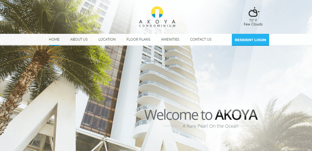 a screenshot of akoya's website which shows an image of the condo which is a white multi storey building with text saying welcome to akoya