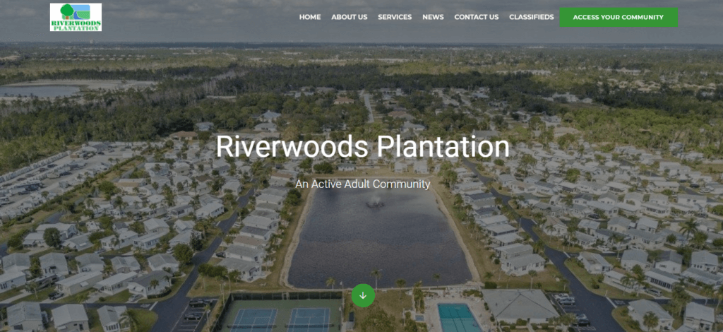 screenshot of our first best condo website - riverwoods plantation homepage which has an aerial photo of the community