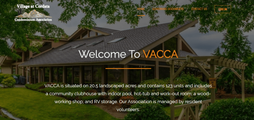a screenshot of VACCA's website, which has a picture of a buidling ad the text welcome to vacca