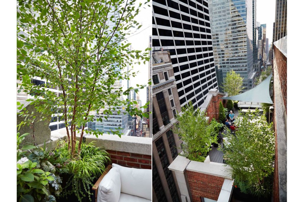 a city balcony with lots of plants and tables