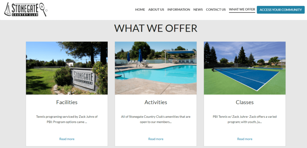 screenshot of stonegate country club's website with the section what we offer that includes facilities, amenities and classes