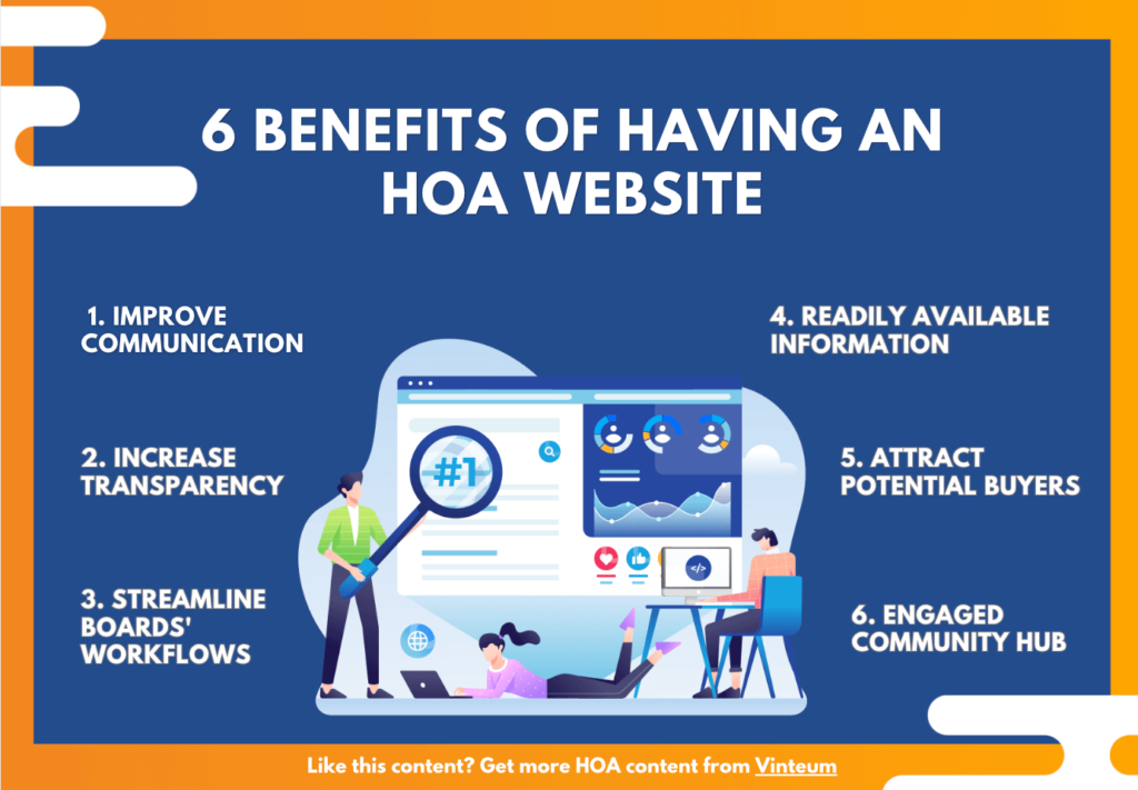 6 benefits of having an hoa website:
improve communication, increase transparency, streamline boards workflows, readily available information, attract potential buyers and engaged community hub. With illustration of people on computers