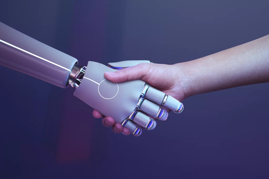 Symbolic image of two hands shaking, one represented as a human hand and the other as a robot hand, representing the potential of AI tools in HOA management