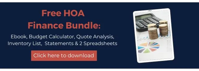 Call to action to download a free HOA finance bundle including an ebook, budget calculator, and spreadsheets.