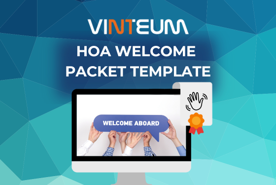 A blue flyer with the title 'HOA Welcome Template' prominently displayed at the top