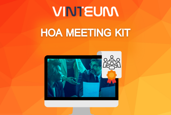 Illustration of a computer screen displaying a complimentary HOA Meeting Kit available for download