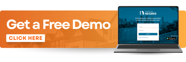 Florida HOA Website Law: What You Need to Know 4 A banner with the writing ''Get Free Demo'' and ''Click Here''. A computer on the far right with a Neigbrs by Vinteum resident portal on the screen.