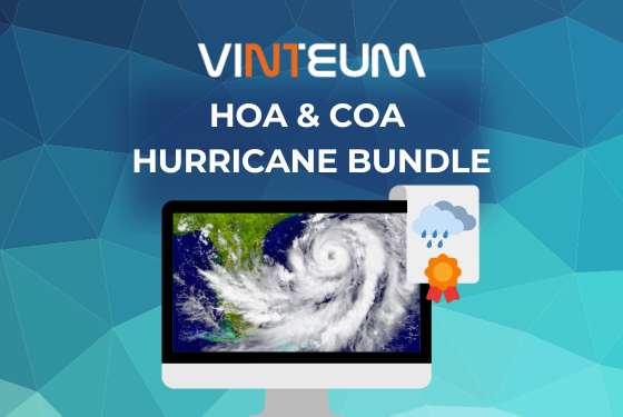 Blue triangular background with various shades of blue. The Vinteum logo is displayed, and the text reads 'HOA & COA Hurricane Bundle.' Below the text, there is a desktop screen showing an image of a hurricane