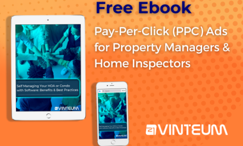 Ipad and iphone screen with ebook cover of PPC ads for propery managers and home inspectors