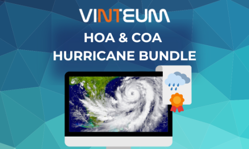 Blue triangular background with various shades of blue. The Vinteum logo is displayed, and the text reads 'HOA & COA Hurricane Bundle.' Below the text, there is a desktop screen showing an image of a hurricane