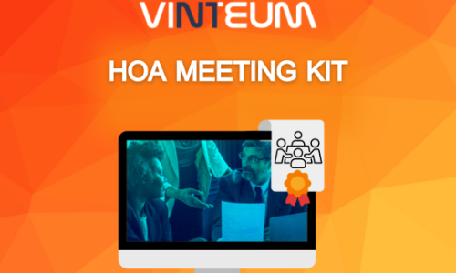 Illustration of a computer screen displaying a complimentary HOA Meeting Kit available for download