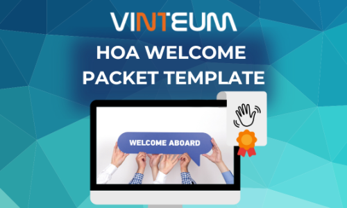 A blue flyer with the title 'HOA Welcome Template' prominently displayed at the top