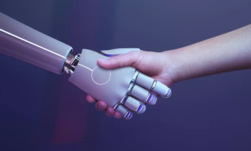 Symbolic image of two hands shaking, one represented as a human hand and the other as a robot hand, representing the potential of AI tools in HOA management