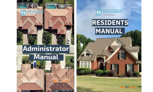 the cover of neigbrs by vinteum manuals. The administrator manual has houses from above and the resident manual is a house with a lawn